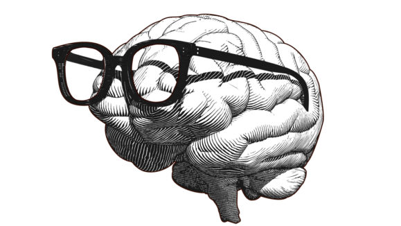 Brain with glasses drawing illustration isolated on white BG