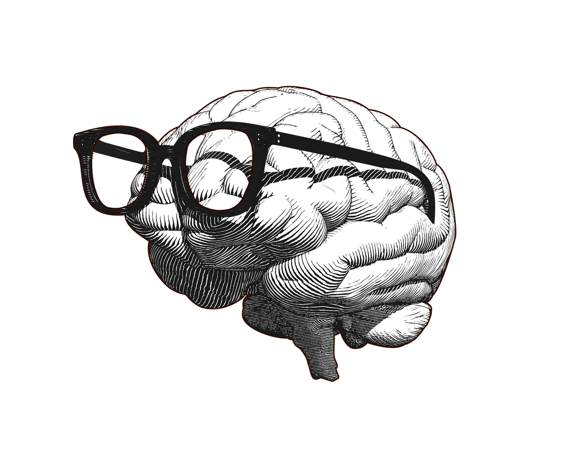 Brain with glasses drawing illustration isolated on white BG