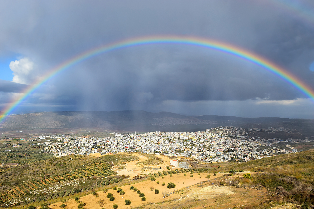 rainbow over Cana of Galilee after rain, Israel