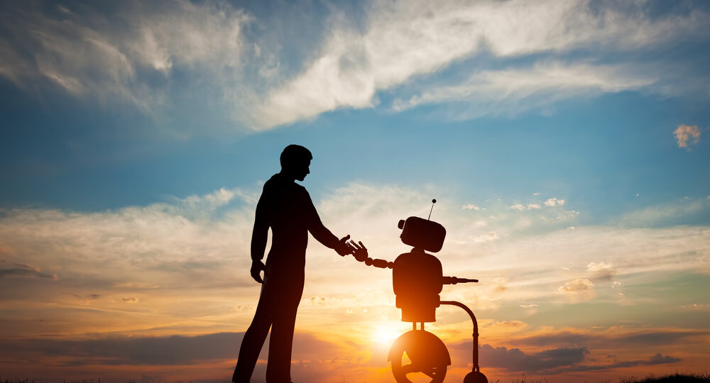 Man,And,Robot,Meet,And,Handshake.,Concept,Of,The,Future